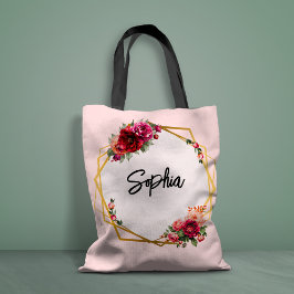 Bolsa Tote Casamento vermelho-quic, floral e dourado falso