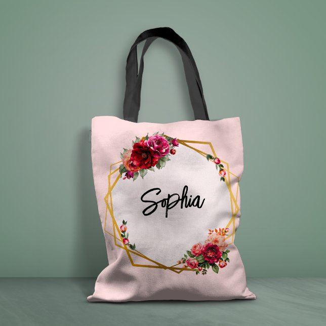 Bolsa Tote Casamento vermelho-quic, floral e dourado falso (Criador carregado)