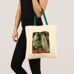 Bolsa Tote Casamento vintage, noiva e noiva com Menorah<br><div class="desc">Ilustração Vintage,  amor e cerimônia de casamento romântica,  com uma imagem de um casal se casando em uma bela sinagoga com vitrines coloridas,  flores e uma menorah de sete galhos. A noiva está vestindo um longo vestido branco e o noivo é bonito em seu smoking.</div>