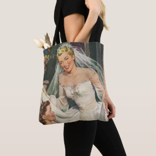 Bolsa Tote Casamento Vintage, Noiva Retro com Menina de Flore