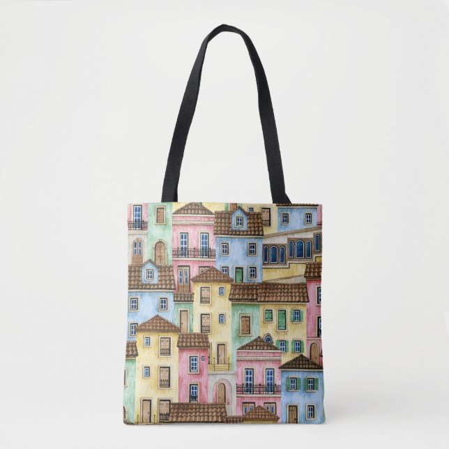 Bolsa Tote Casas de Lisboa: Padrão Funicular de Aquarela. (Frente)