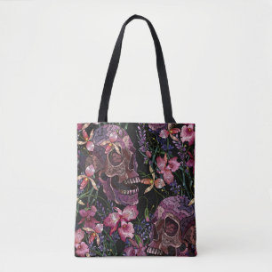Bolsa Tote Casca humana bordados e flores cor-de-rosa-orquíd