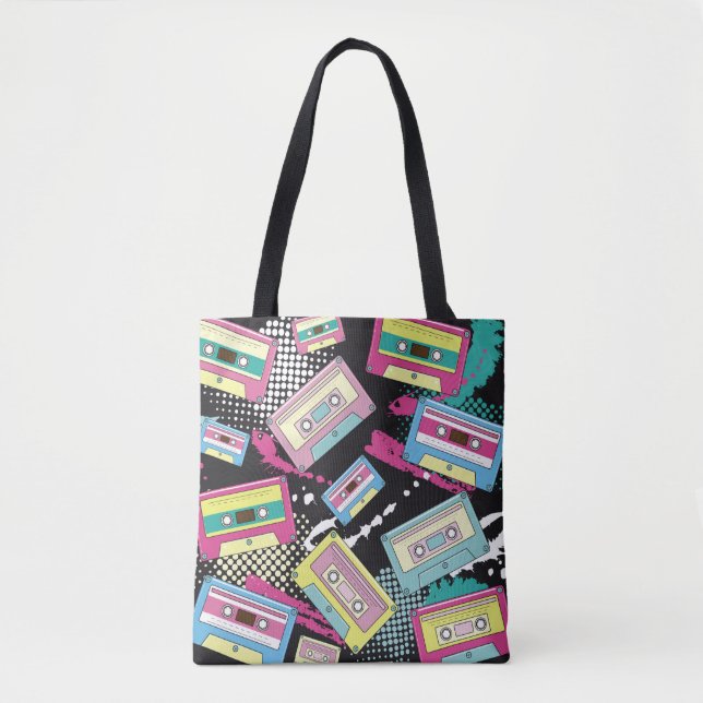 Bolsa Tote Cassetes de várias cores sobre uma costura preta (Frente)
