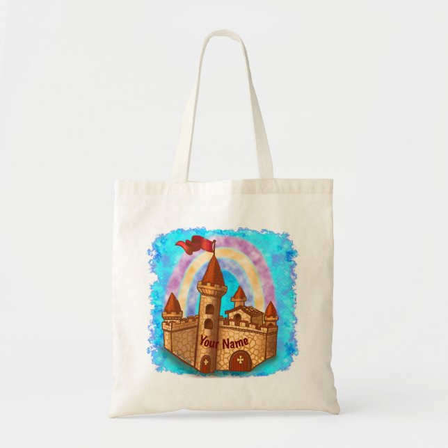 Bolsa Tote Castelo Arco-íris nome personalizado (Frente)