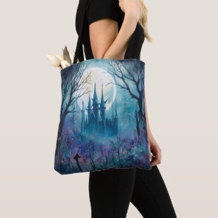Bolsa Tote Castelo de Spooky Haunted Cheio Lua Azul Halloween