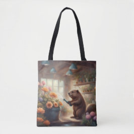 Bolsa Tote Castor Cottagecore em uma estufa regando flores