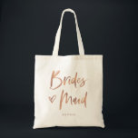 Bolsa Tote Casual Script | Presente de Bridesmaid Rosa Dourad<br><div class="desc">Esta bolsa de presente de na moda e partido chic bridal apresenta uma tipografia moderna,  falsa escrita em rosa dourado que diz "Bridesmaid",  e um coração rabiscado por tendências,  com seu nome em texto simples e negrito. O perfeito presente de casamento elegante para toda a sua festa de casamento.</div>