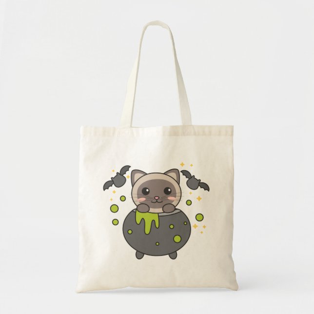 Bolsa Tote Cat Happy Halloween Cauldron Bat Tote Bag (Frente)