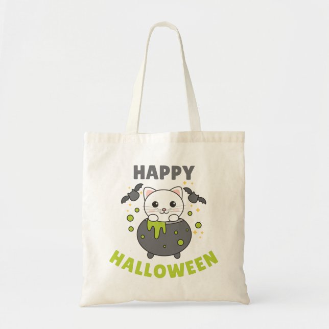 Bolsa Tote Cat Happy Halloween Cauldron Bat Tote Bag (Frente)