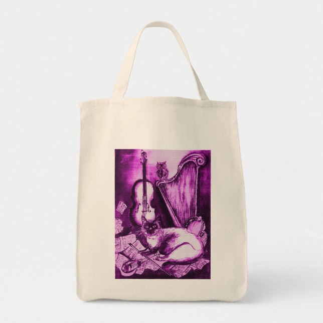 Bolsa Tote CAT MUSICAL, roxo violeta e branco (Frente)