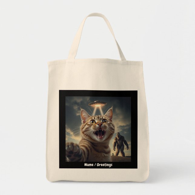 Bolsa Tote Cat Tomando Selfie com OVNI e Presente Engraçado d (Frente)