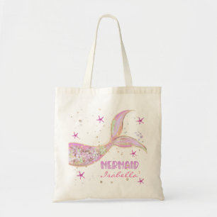 Bolsa Tote Cauda de Sereia Rosa e Dourado Brilho Personalizad