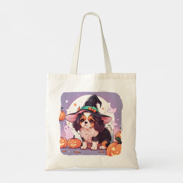 Bolsa Tote Cavalier King Charles pastel chapéu de halloween (Verso)