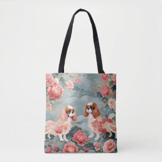 Bolsa Tote Cavalier King Charles Pastel Pink Flowers Waves