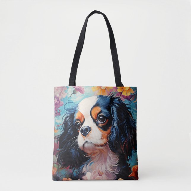 Bolsa Tote Cavalier King Charles Spaniel em flores (Frente)