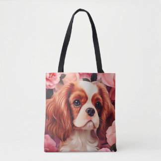 Bolsa Tote Cavalier King Charles Spaniel em Rosas
