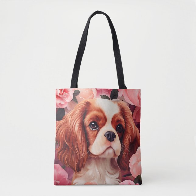 Bolsa Tote Cavalier King Charles Spaniel em Rosas (Frente)