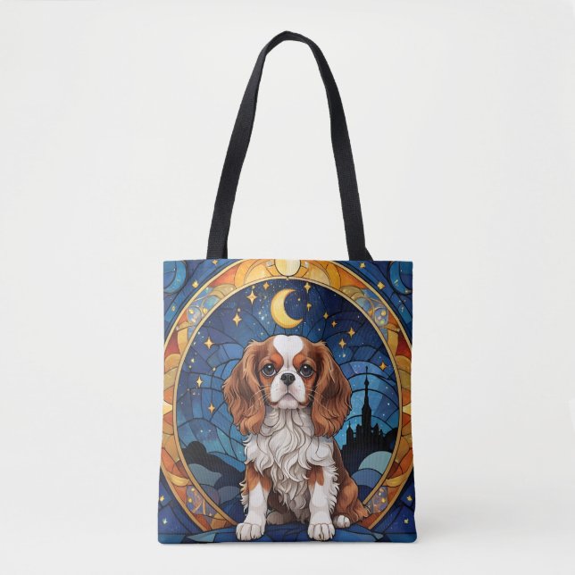 Bolsa Tote Cavalier King Charles StainGlass Night Moon (Frente)