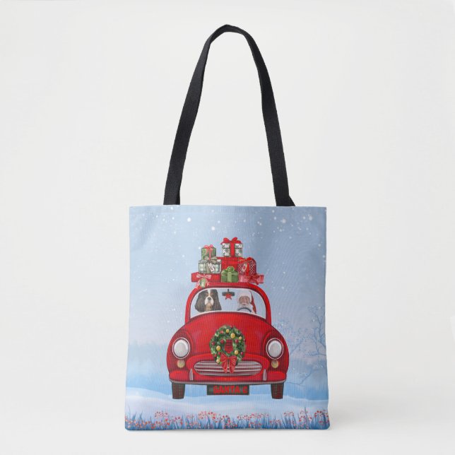 Bolsa Tote Cavalier King Dog Em Carro Com Papai Noel (Frente)