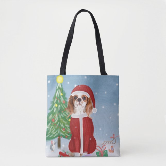 Bolsa Tote Cavalier King Dog em Neve com presentes de Natal (Frente)