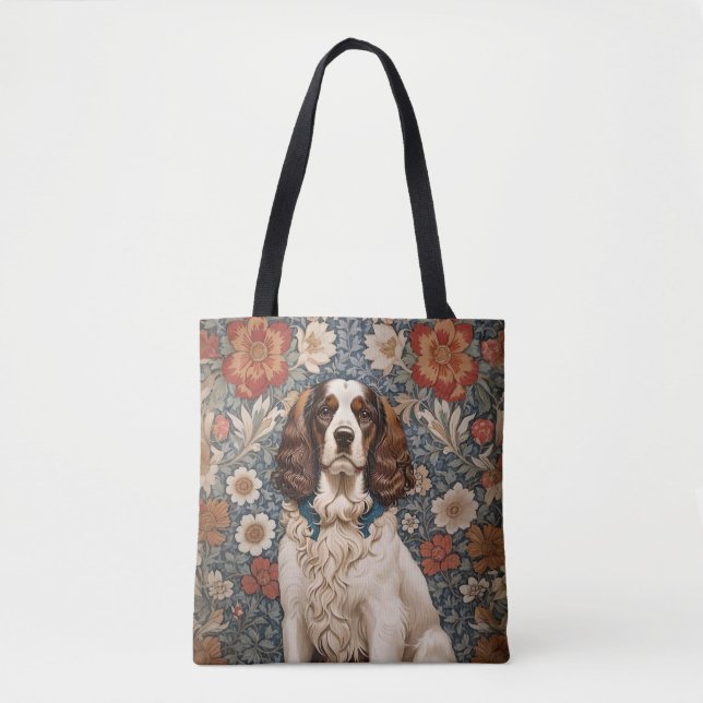 Bolsa Tote Cavalier Spaniel Elegante em Fundo Floral (Frente)