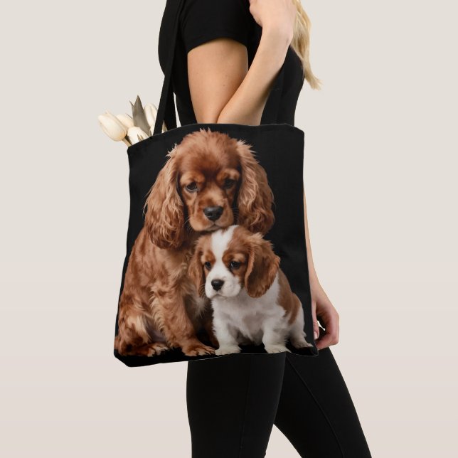 Bolsa Tote Cavalier Spaniel Ruby e seu filhote Blenheim (Close Up)
