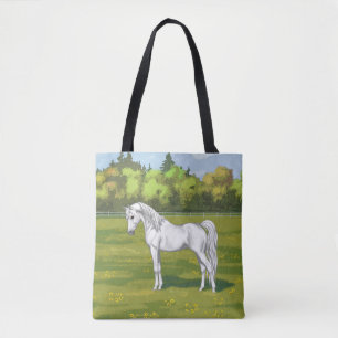 Bolsa Tote Cavalo Árabe Egípcio Branco na Pastura de Verão