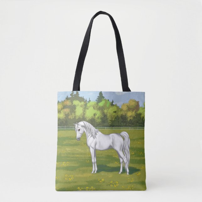 Bolsa Tote Cavalo Árabe Egípcio Branco na Pastura de Verão (Frente)