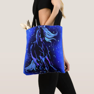 Bolsa Tote Cavalo Azul Neon Correndo À Lua À Noite Estrelad