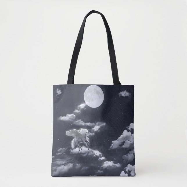 Bolsa Tote Cavalo branco alado: céu iluminado pela lua. (Frente)