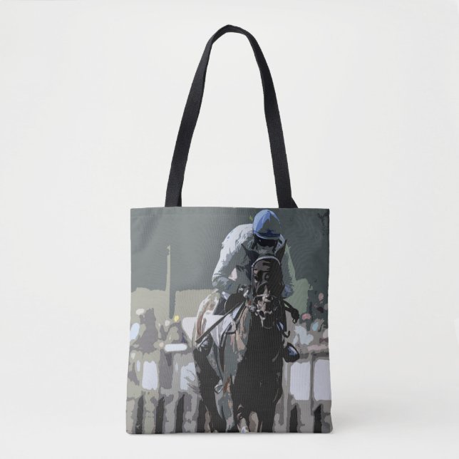 Bolsa Tote Cavalo De Corrida Com Jóquei Em Saco Azul (Frente)