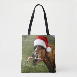 Bolsa Tote Cavalo de Natal engraçado com o chapéu de Papai No