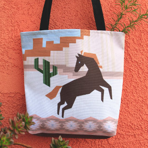 Bolsa Tote Cavalo e Cactus Marrons Selvagens do Sudoeste