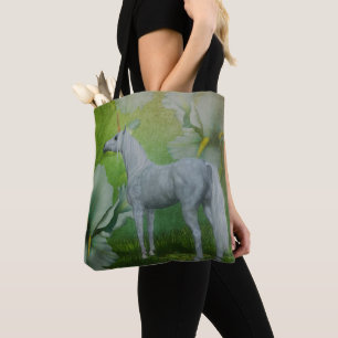 Bolsa Tote Cavalo Fantasia Unicórnio E Flores De Lírio Arte