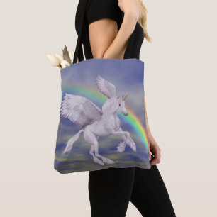 Bolsa Tote Cavalo Fantasia Unicórnio Voando Sobre Arco-íris A