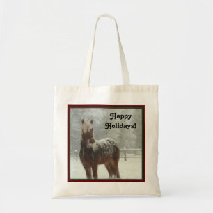 Bolsa Tote Cavalo islandês no inverno, foto de feriados feliz