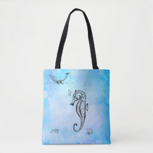 Bolsa Tote Cavalo-marinho, baleia e maruca em azul-aquarela