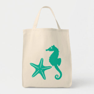 Bolsa Tote Cavalo marinho & estrela do mar, turquesa e aqua