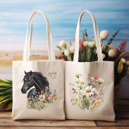 Bolsa Tote Cavalo Negro em Flores Selvagens Monograma