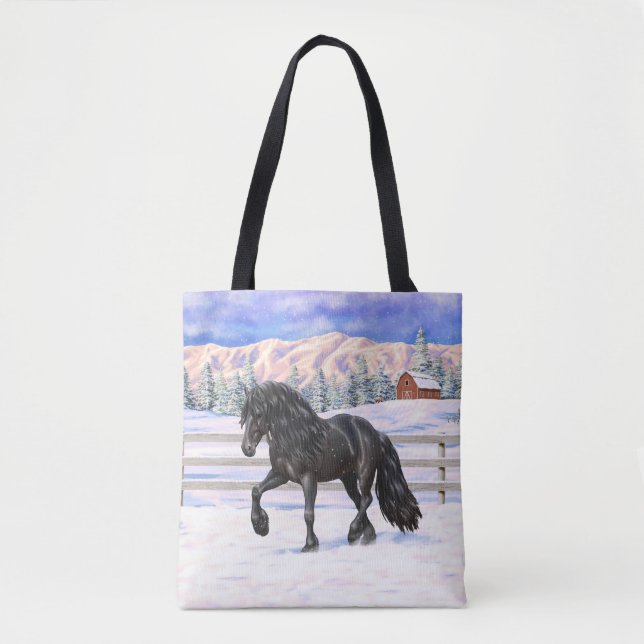 Bolsa Tote Cavalo Negro Frísia Na Neve (Frente)