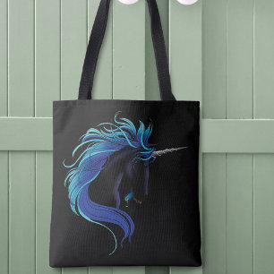 Bolsa Tote Cavalo Preto Elegante Unicórnio Azul Prata Fantasi