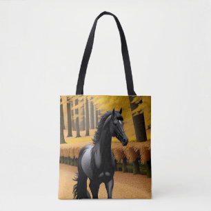 Bolsa Tote Cavalo Preto em uma Caminho de Floresta de Outono