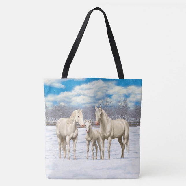 Bolsa Tote Cavalos Brancos De Cremello Na Neve (Frente)