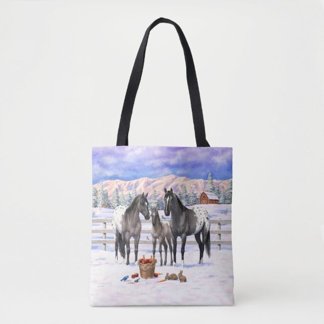 Bolsa Tote Cavalos De Appaloosa Da Cinza Grulla Numa Fazenda  (Frente)