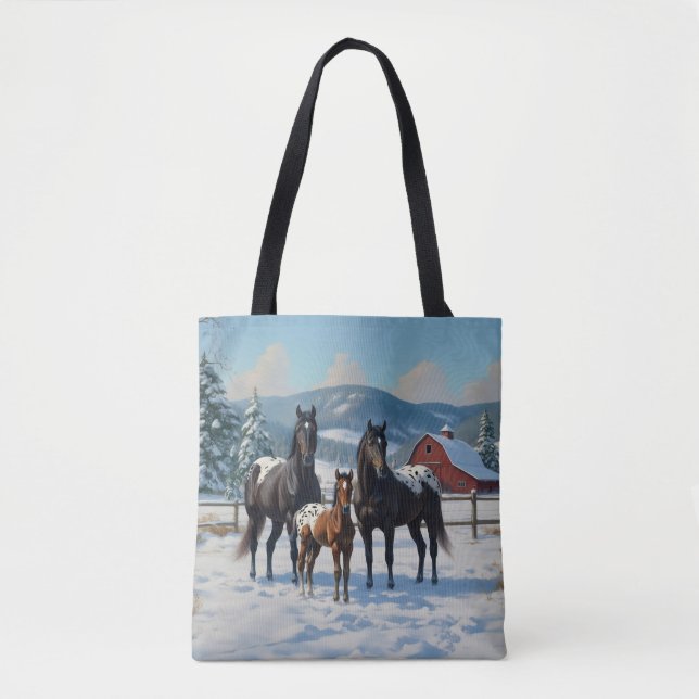 Bolsa Tote Cavalos de Appaloosa Pretos numa Fazenda no invern (Frente)
