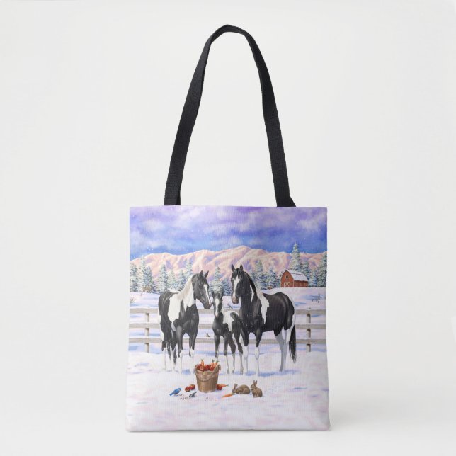 Bolsa Tote Cavalos De Tintas De Pinto Preto Em Quarto Trimest (Frente)