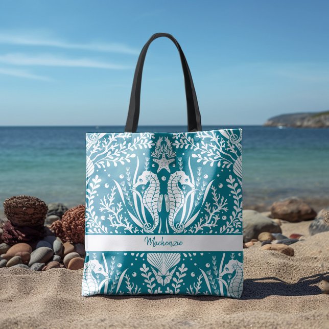 Bolsa Tote Cavalos-marinhos Oceano Mar Azul Teal Azul Adicion (Criador carregado)