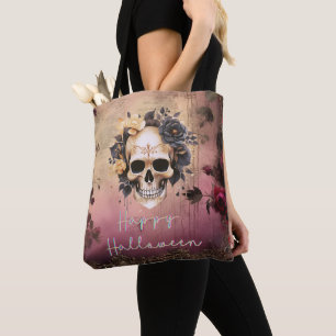 Bolsa Tote Caveira Com Flores Azuis e Douradas Feliz Hallowee