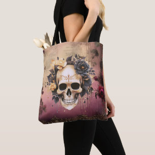 Bolsa Tote Caveira Com Flores Azuis e Douradas Halloween