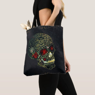 Bolsa Tote Caveira de Aranha e Rosas Glam - Filigrana Gótica